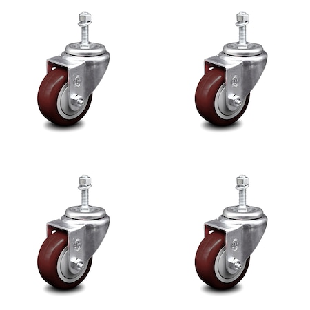 3 Inch Maroon Polyurethane Wheel Swivel 3/8 Inch Threaded Stem Caster Set SCC